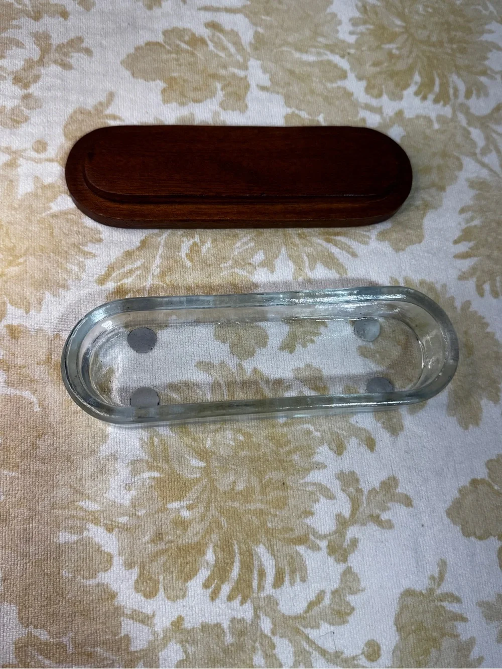 Thick Clear Oval Glass Container/Organizer w/ Brown Wooden Lid Cover